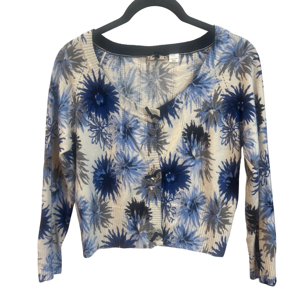 Language Wool Cashmere Floral Cardigan Blue‎ Grey Starburst Knit Sweater Small